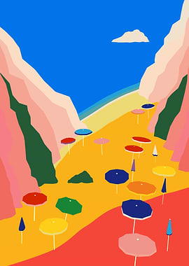 Colorful Beach Scene with Umbrellas