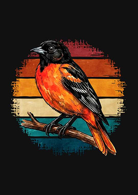 Oriole Bird on Branch Retro Sunset