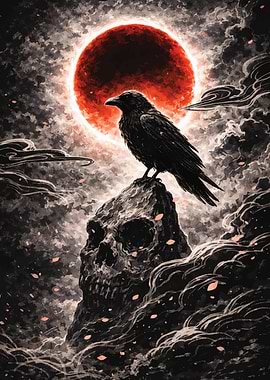 Raven on Skull Under Red Moon