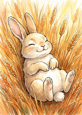 Cute Bunny Sleeping in Wheat Field