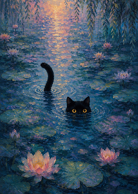 Black Cat in a Lily Pond