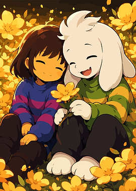 Frisk and Asriel in a field of flowers