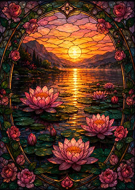Stained Glass Sunset Lake with Water Lilies and Roses