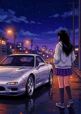 Anime girl and sports car at night