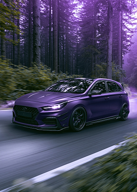 Purple Hyundai i30 N driving through forest