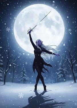 Elf Warrior in Winter Moonlight