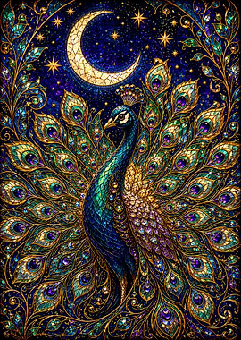 Stained Glass Peacock Under the Moon