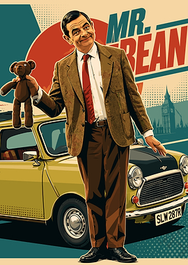Mr. Bean with Teddy and Mini Cooper