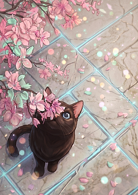 Cute Cat Admiring Cherry Blossoms