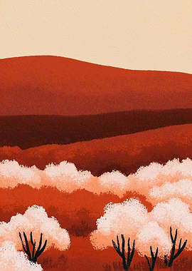 Abstract Red Landscape with Trees
