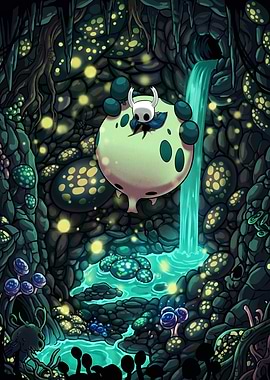 Hollow Knight in a glowing cave