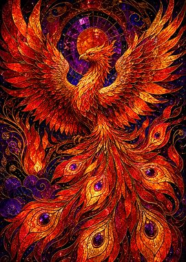 Stained Glass Phoenix with Fiery Tail