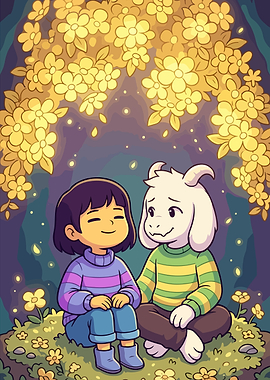 Frisk and Asriel in a field of flowers