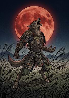 Werewolf Samurai Howling at Blood Moon