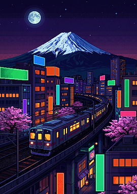 Pixel Art Train in Neon City