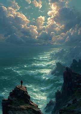 Man on cliff overlooking stormy sea