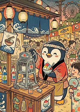 Penguin making shaved ice at festival