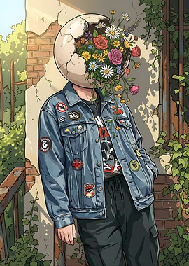Person with Cracked Egg Head and Flowers
