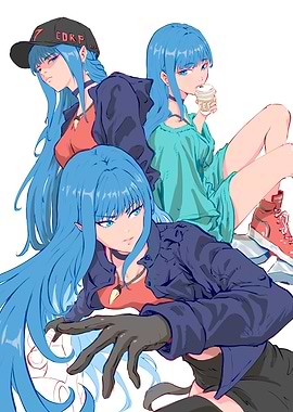 Anime Girl with Blue Hair in Multiple Poses
