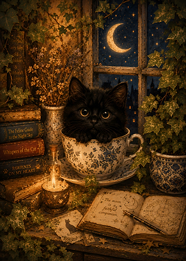 Black Kitten in a Teacup by Moonlight