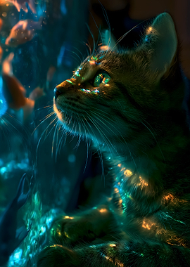 Cat watching fish in aquarium