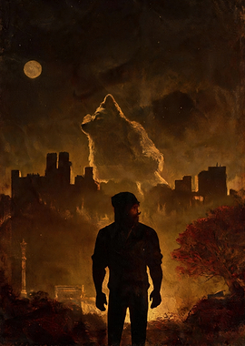 Man and Wolf Spirit Over City