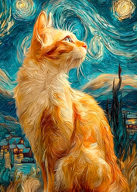 Orange Cat in Starry Night Style