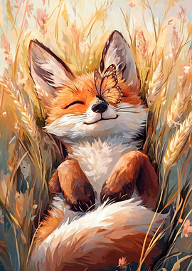Cute Fox with Butterfly in Field