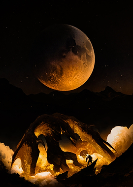 Warrior facing a dragon under a large moon