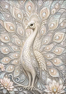 Elegant White Peacock with Floral Accents