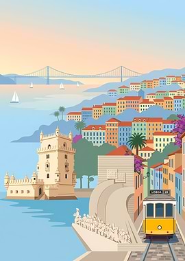 Lisbon cityscape with tram and tower