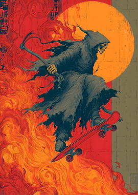 Grim Reaper Skateboarder in Flames