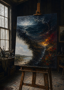 Artist's Studio with Dramatic Seascape Painting