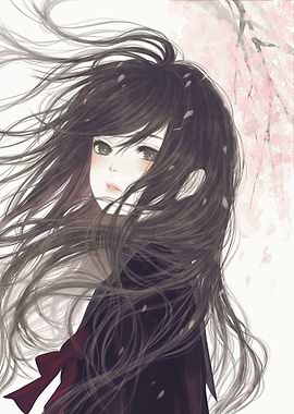 Anime Girl with Flowing Hair and Cherry Blossoms