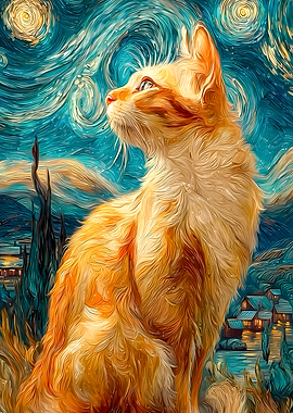 Orange Cat in Starry Night Style