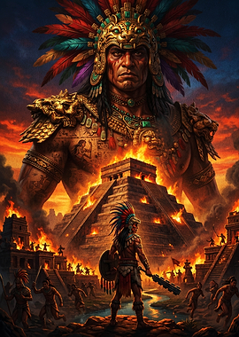 Aztec Warrior and Burning Pyramid