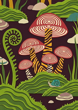 Spiral Mushroom Forest Snail Whimsical Nature Illustration