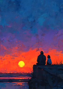 Father and Son Watching Sunset