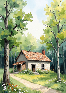Watercolor Cottage in a Forest