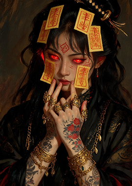 Mysterious Woman with Glowing Eyes and Talismans