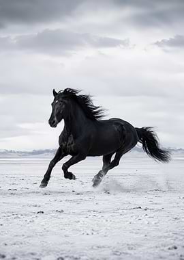 Black horse running in a desert