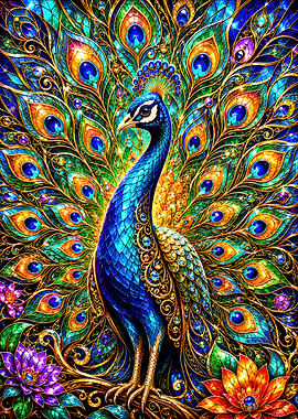 Stained Glass Peacock with Flowers