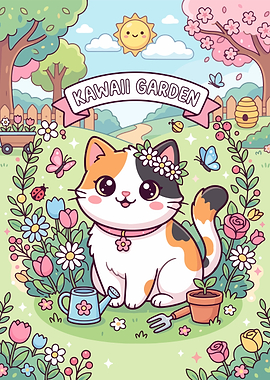 Kawaii Cat in a Garden