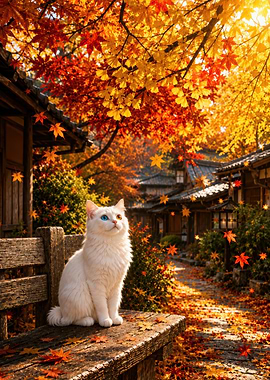 White Odd-eyed Cat Watching Maple Trees