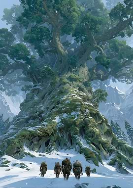 Adventurers approach a giant mossy tree