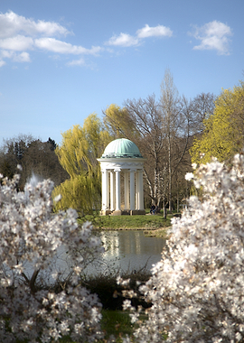 Classical Temple by a Lake with Blossoms