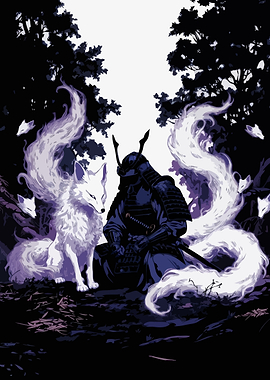 Samurai with Kitsune in Forest