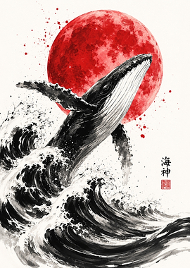 Moon Tide – Japanese Whale Sumi-e Art