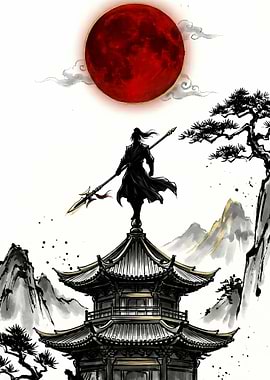Warrior on Pagoda under Blood Moon