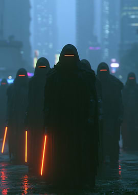 Cyberpunk figures with glowing weapons